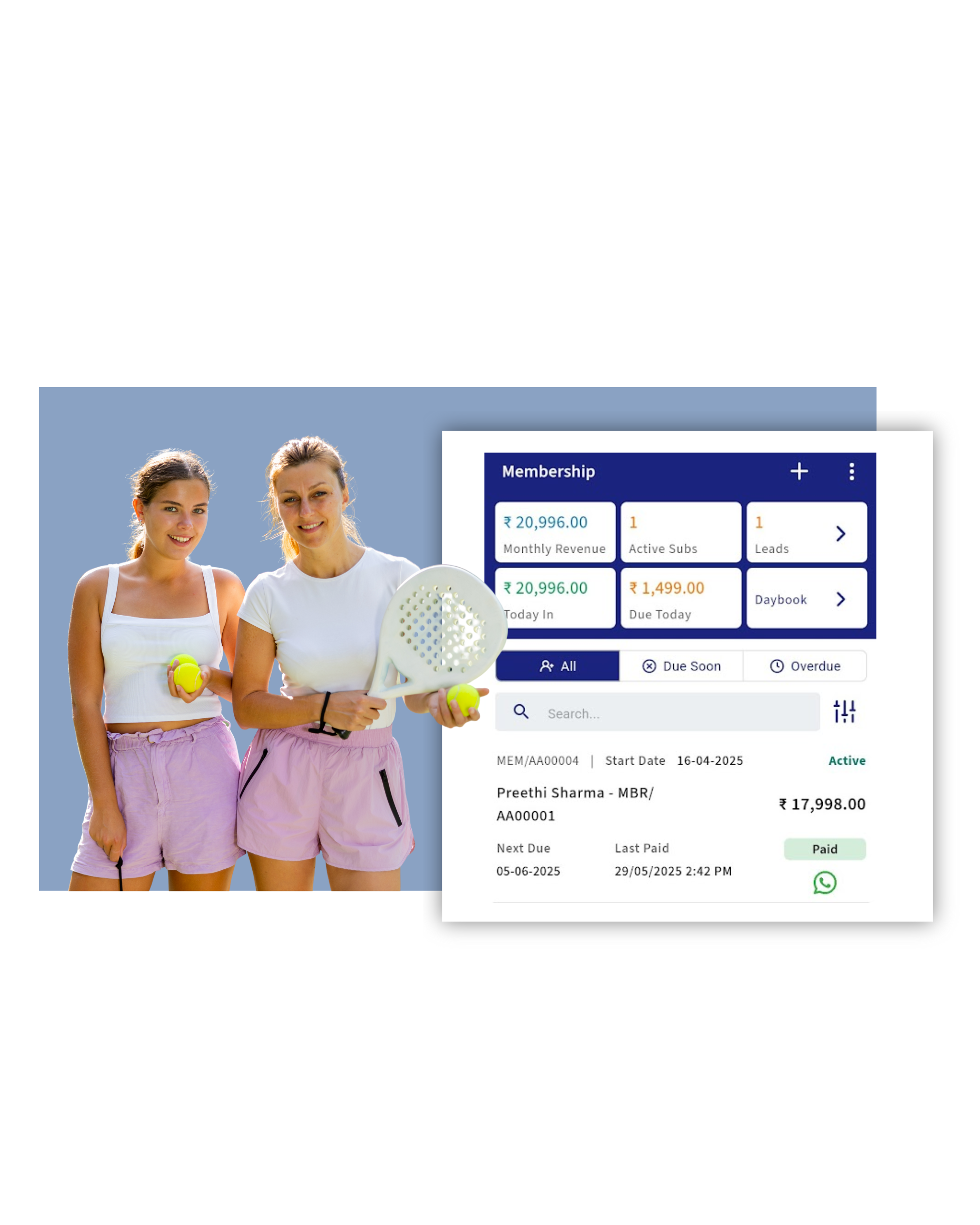Tennis membership Tennis player profile in court management system